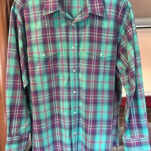 Wrangler Plaid Button-Down Shirt in Teal and Purple